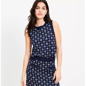 Loft Floral Jacquard Patterned Sweater Sleeveless Top - Navy Blue Size Large NWT